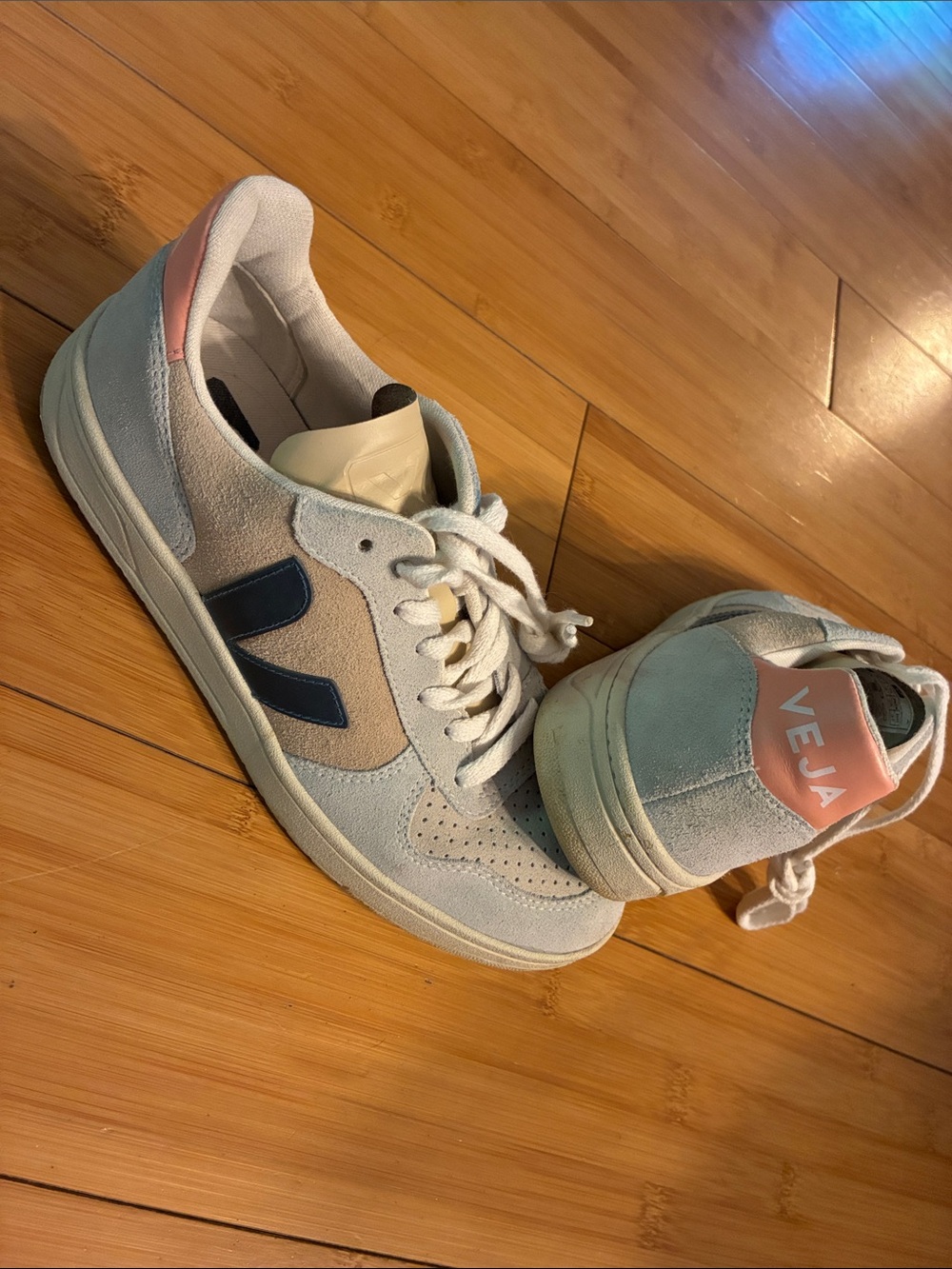 Veja V-10 Suede Low-Top Sneakers in Light Blue, Pink & Navy
